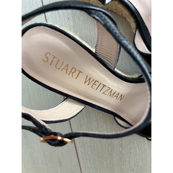 Stuart Weitzman Black Leather Espadrille Wedge Sandals Ankle Strap Size 7 - Picture 4 of 7